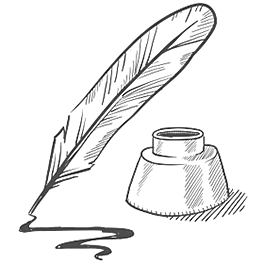 Illustration of a quill pen and jar of ink